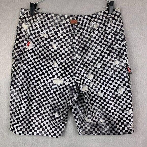 Vans Mens Swim Trunks 32 Black White Checkerboard Board Shorts Distressed Surf - Picture 8 of 11